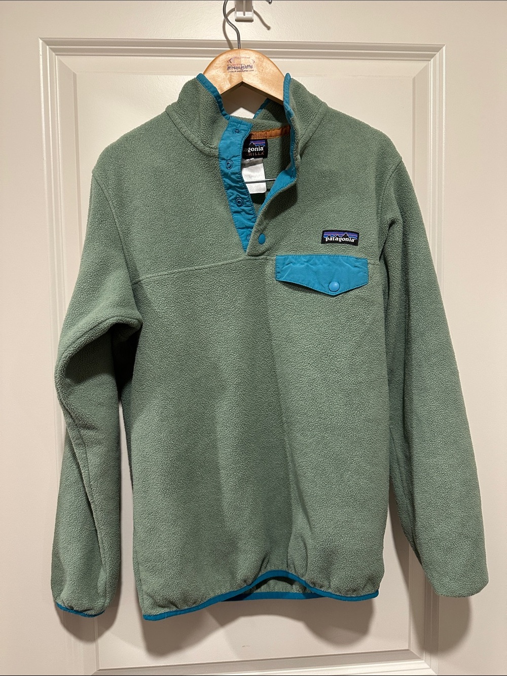 Patagonia Sage Green Fleece Pullover with Teal Snap Placket